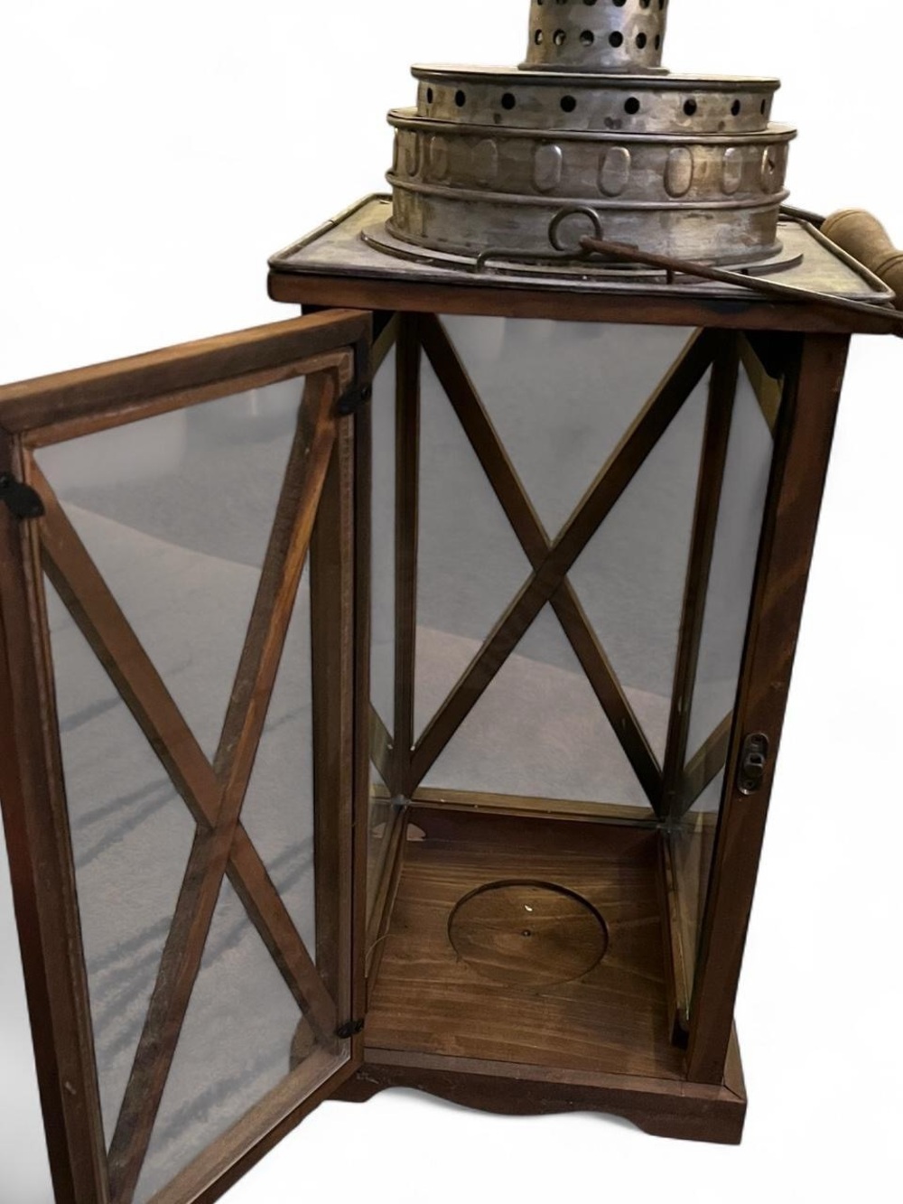 Rustic Brown Wood and Metal Lantern with X-Frame Glass Panels - Picture 2 of 3